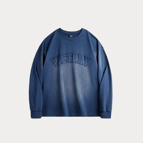 Vintage Gradient Letter Patch Hoodie – Washed Loose Fit Round Neck Casual Top